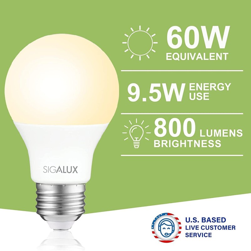 Sigalux LED Light Bulbs 60 Watt Equivalent A19 Standard Light