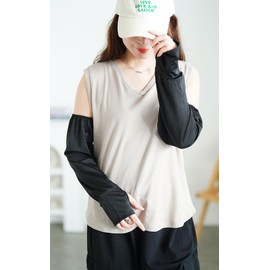 Gold Japan Women's Large Size Gloves, Arm Warmer, Arm Cover, Finger Holes, Long, Stretch, Summer Outfit, Spring, Autumn, Black