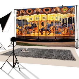 YongFoto 3x2m Vinyl Photo Backdrop Carousel Playground Merry go Round Fun Fair Carnival Colorful Horse Figures Photography Background Portrait Photo Shoot Studio Props