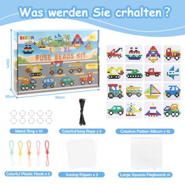 EIKEJI Large 10 mm Ironing Beads Vehicle Set, 1500 Pieces XL Beads with Plates, 16 Colours Maxi Ironing Beads, 16 Patterns and Ironing Paper, XL Ironing Beads, Creative Bead Set for Children from 3