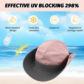 Carreneu Women's Sun Hat, Foldable UV Protection Fishing Hats for Women, Tropical Hat, Adjustable Bucket Hat, with Hole for Ponytail, for Summer Outdoor Activities (Stitching, Pink), pink