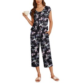 Ekouaer Women's Capri Pajama Sets Short Sleeve Loungewear 2 Piece Pjs Top & Capri Pants Set Sleepwear with Pockets Floral Black,Small