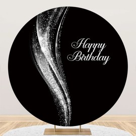 Leyiyi 6x6ft Black and Silver Birthday Round Backdrop Cover Polyester Silver Luxury Birthday Party Circle Photography Backdrop Sparkle Backdrops for Adults Birthday Party Photo Shoot Props