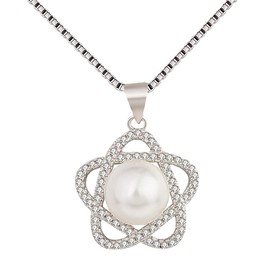 Deelfel Women's Necklace, Brand Silver, Venetian Chain, Fine Zirconia, Pearl, Star Necklace, Stylish, Single Grain Pearl, Stainless Steel, Hypoallergenic, Gift Accessory for Her Birthday, Stainless
