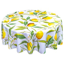 VVA Round Lemon Tablecloth Waterproof Washable Wipeable Resistant Polyester Lemon Tree Flowers Leaves Circular Table Cover for Dining Room Kitchen Holiday Wedding Indoor Outside 70"