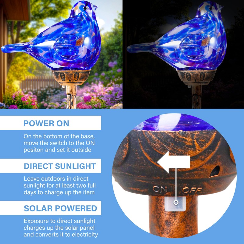 Solar Bird Garden Stake Lights - Hand Blown Glass Decorative