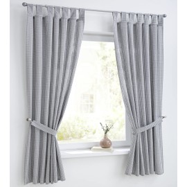 Cottage Curtain and Tieback White Grey Checked with Loops, Pure Cotton, Country House Curtain Kitchen Width 110 cm x Height 175 cm (Pack of 1)