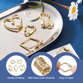 KISSITTY 5pcs Cat Cubic Zirconia Screw Carabiner Lock Charms Clasps for Jewelry Making Golden Heart Rhombus Necklace Clasps for Women Bag Purse Key Chains