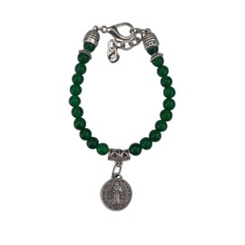 lazzaro italy Saint Benedict Medal Bracelet for Men and Women Silver Plated Metal with Natural Jade Stone Beads Protection Medal Against Evil Diameter 1.5 cm, 18 centimetres, Sterling Silver