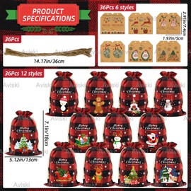 36Pcs Cotton Christmas Drawstring Bags Buffalo Plaid Xmas Gift Bags Cotton Xmas Candy Bags Small Christmas Fabric Bags Goody Gift Bags Treat Sacks Reusable Gift Wrapping Bags Holiday Party Favors Bags(Red+Black)