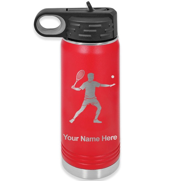 LaserGram Personalized Water Bottle, Tennis Player Man, Stainless Steel Double