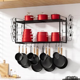 Orgneas Expandable Pot and Pan Organizer Wall Mounted, 2 Tier Hanging Kitchen Shelves Heavy Duty Pot Rack with 6 Pot Lid Holders and 12 Hooks for Kitchen Cookware Utensils Organizer and Storage