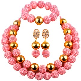 Aczuv - Juego de joyería de boda nigeriana con cuentas africanas rojas, para mujeres, con perlas de imitación, collar y aretes 18 inches necklace 8 inches bracelet Rosado