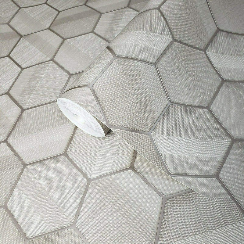 Modern Hexagon Taupe Metallic Fabric Textured Wallpaper Geometric 3D