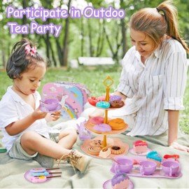Astraio Unicorn Tea Party Set, 44PCS Pretend Plastic Teapot Set with Dessert, Carrying Case for Little Girls Age 3-12