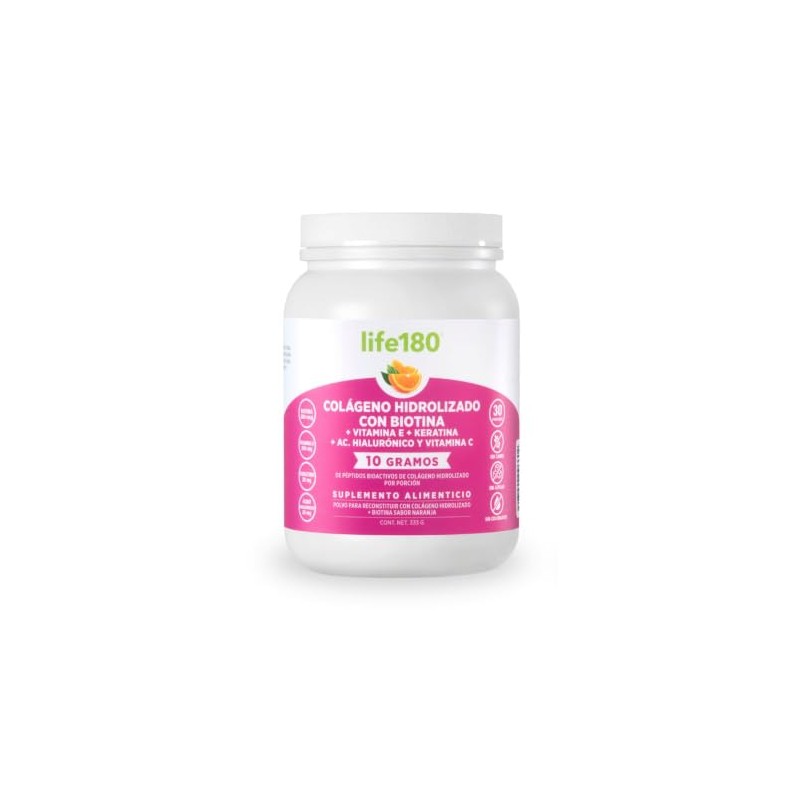 Life180 Colágeno Hidrolizado Biotina Vitamina Sabor Naranja 333g