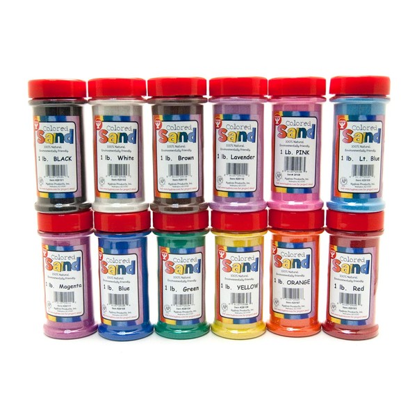 Hygloss Products Colored Play Sand - Assorted Colorful Craft Art Bucket O' Sand, 12 Containers, 1 lb Each