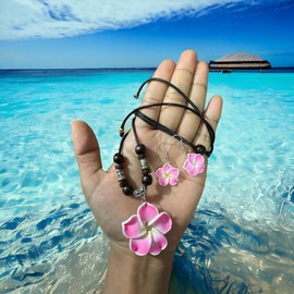 Hawaiian Flower Necklace Girl for Women Hawaii Jewelry Hawaiian Earrings Hawaii Plumeria Flowers Jewelry Fashion Flower Necklace Earrings (pink)
