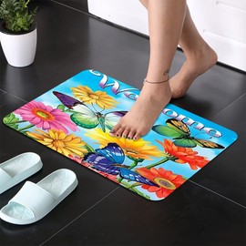 Super Absorbent Diatomaceous Earth Stone Bath Mat,Butterfly Sunflower Quick-Drying Bathroom Carpets,Non Slip Bathtub Floor Mat，Easy to Clean, Simple Kitchen Doormat(Square 40×60cm)