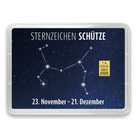 Goldstücke24 - Gold Bar with Zodiac Sign in Motif Box - Great Gift Idea - Guarantee of Authenticity (Sagittarius: 23 November - 21 December, 1 g Gold)