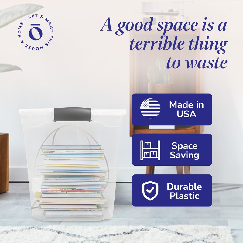 HOMZ 2-Pack Latching Lid, Large Clear Plastic Storage Bins w/Lids,