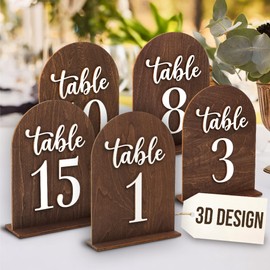 Woodamore Rustic Wedding Table Numbers 1-15 With Stand - Wooden Table Numbers For Wedding Reception, Arch Table Number Sign With Holder For Party, Restaurant Centerpieces Bridal Shower Decorations