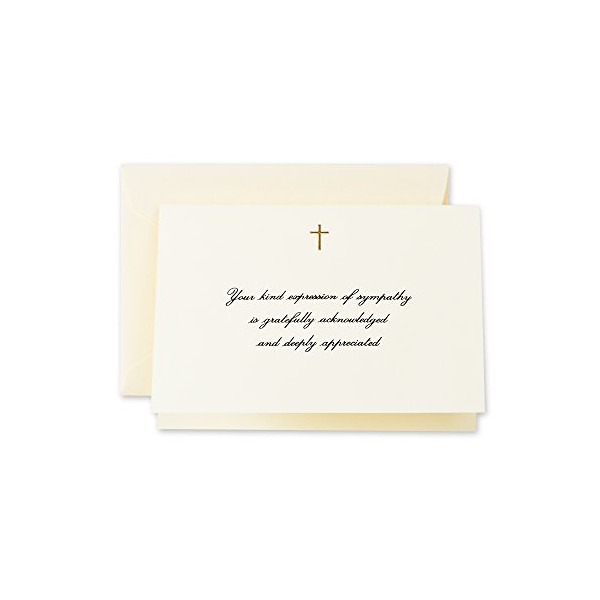 Crane & Co. Hand Engraved Gold Cross Sympathy Acknowledgement Note (CF1445), Pack of 10