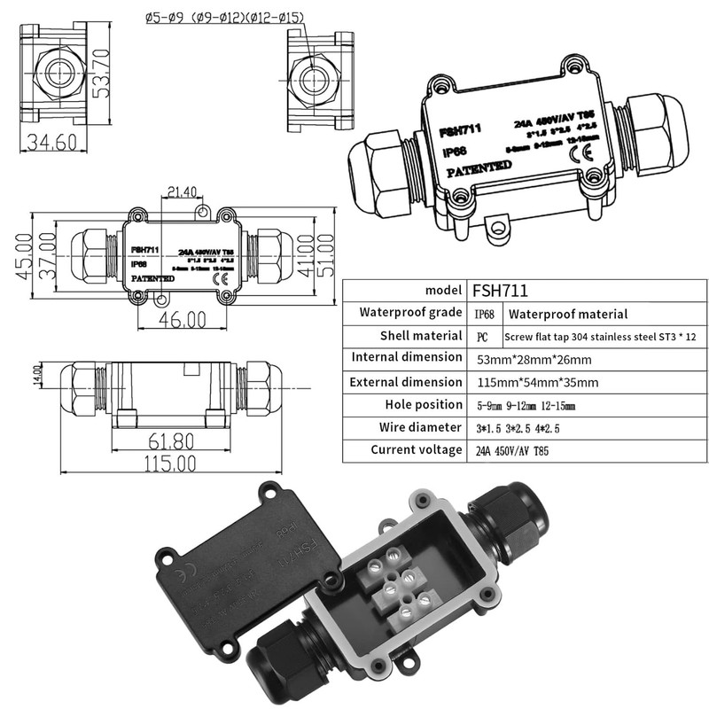 IP68 Waterproof Junction Box, 2 Way Cable Connector, External Junction