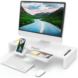Monitor Stand Riser, OImaster Foldable Computer Monitor Riser, Adjustable Length Computer Stand and Storage Drawer & Pen Slot, Phone Stand Compatible Computer, Desktop, Laptop, Save Space (White)