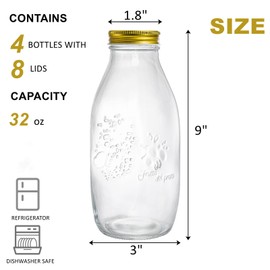 ZOOFOX 4 Pack 32 oz Glass Milk Bottles with 8 Metal Screw On Lids, Vintage Milk Container for Refrigerator, Reusable Dairy Drinking Containers for Almond Milk, Yogurt, Smoothies, Maple Syrup, Jam