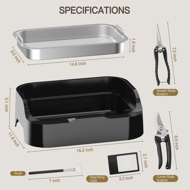 somwherr Tray with Replaceable 150 Micron Screen, Brush, 2 Scissors