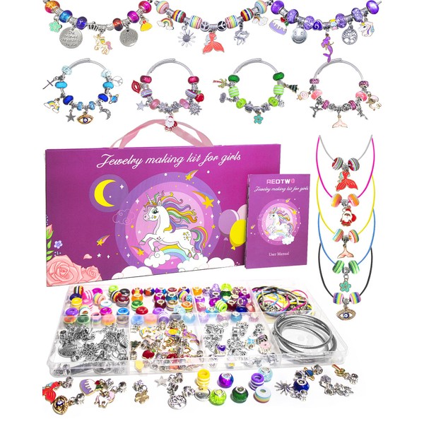 Redtwo 200 Pcs Charm Bracelet Making Kit, Friendship Jewelry Making Supplies Unicorn/Mermaid/Birthday Gifts Toys for Teen Girls Age 4 5 6 7 8 9 10 12 Year Old, Arts Crafts for Kids Ages 8-12