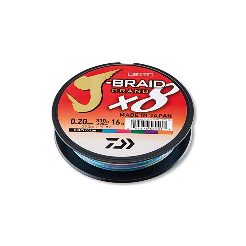 Daiwa J-Braid Grand 8-Braid, 150 metres, 0.22mm, 19.5 kilograms/43lbs, Multicolour,