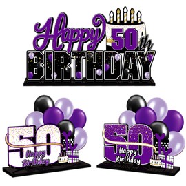 LINGTEER Happy 50th Birthday Purple Acrylic Table Topper Centerpieces Set - Cheers to Fifty Years Old Birthday 50th Bday Party Gift Decorations.