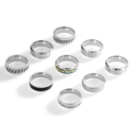 SOXEMAN 9 pcs/set men's gold silver ring set (2 of which chain spinning rings relieve anxiety and stress) trendy and fashion women's pair stainless steel rings, Stainless Steel, Cubic Zirconia