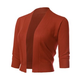 Allsense Women's 3/4 Sleeve Open Front Knit Cropped Bolero Cardigan Shrug Sweaters, Rust, Large