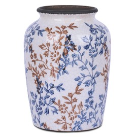 Vintage Blue and White Floral Chinoiserie Ceramic Vase, Retro Rustic Farmhouse Cracked Vase for Home Kitchen Centerpieces, Living Room, Bookshelf, Office, Chinoiserie Decor (Vintage Blue)