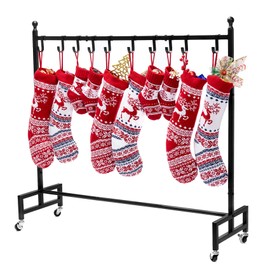 Ciseret Christmas Stocking Holder Stand for Floor 360° Wheel Freestanding Sticking Holder Rack Stand with 10 Hooks, Iron Metal Rust-Resistant Holiday Decor Hanger, Black