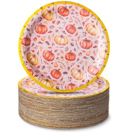 100 Pcs Fall Pink Pumpkin Paper Plates 7 Inch Autumn Plates Gold Foil Edge Round Disposable Serving Tableware for Dinner Dessert Birthday Anniversary Thanksgiving Party Supplies (Leaves)