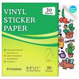 Aevdor 30-Sheet Glossy White Printable Vinyl Sticker Paper, 8.5x11, Inkjet