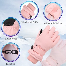Waterproof Winter Kids Gloves Cartoon Boys Girls Snow Mittens Warm Outdoor Ski Gloves with Fleece Lining (7-9 Years, Solid Skin Pink)