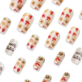 Vopintpy Autumn Thanksgiving Press on Nails Short Square Fake Nails Fall Maple Leaf Acrylic Glue on Nails Glossy Reusable Stick on Nails for Women DIY Maple Leaves Manicure