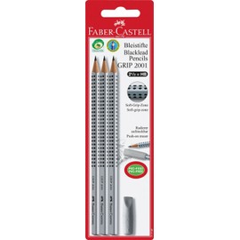 Faber-Castell FABER-CASTELL 117197 - Bleistiftset GRIP 2001 mit Gummi-Tip, Härtegrad: HB, Schaftfarbe: silber, 3 Bleistifte im Blister