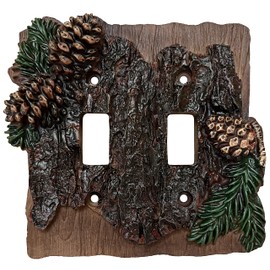 Top Brass Rustic Pinecone and Bark Electrical Cabin, Lodge Style Wall Cover Plate Pine Cone - Single Switch, Double, Rocker, Outlet (Double Switch)