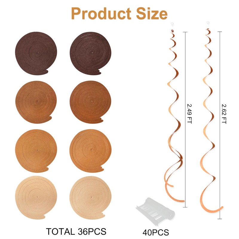 36PCS Ombre Brown Hanging Swirls Decorations Felt Cream Tan Brown