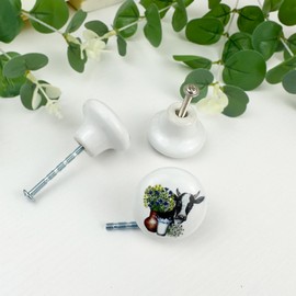 JamJam Set of 8 1.5" Ceramics Cow with Flower Farmhouse Rustic Cabinet Knobs Unique Kitchen Dresser Drawer Knobs Pulls Cupboard Wardrobe Furniture Handles