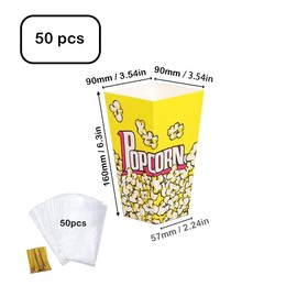 Popcorn Boxes 50PCS Popcorn Box Containers Cardboard Candy Boxes With Clear Popcorn Box Bags Popcorn Tubs Treat Boxes for Party Carnival Decorations (Yellow+Clear Bags, 3.5x2.2x6.3inch)