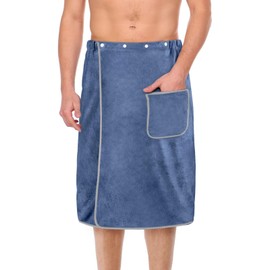 Aomig Bath Towel Body Wrap for Men, Adjustable Men’s Bath Wrap Towel, Mens Shower Wrap Bath Towel, Strong Absorption Sauna Spa Body Wrap, Towel Skirt with Pocket for Home Gym Spa Beach Pool (Blue)