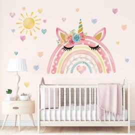 wondever Watercolor Large Rainbow Wall Stickers Unicorn Rainbow Hearts Sun Peel and Stick Wall Art Decals for Girls Bedroom Decor Baby Nursery Kids Room Decor