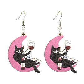Lightweight Wooden Wine Glasses Earrings Funny Cat Moon Gnome Red Wine Dangle Earrings for Women Celebration Party Jewelry-moon cat